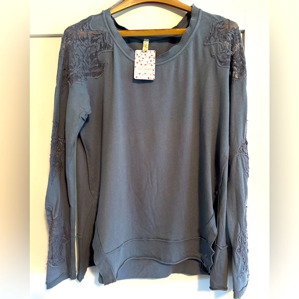 Free People Long Sleeve Lace Trim Boho Shirt